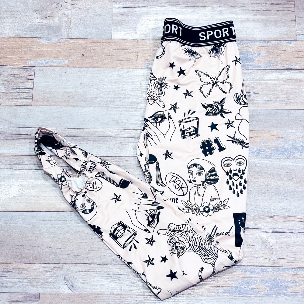 SHEIN Beige tattoo flash print stirrup leggings | Edgy streetwear | Size 8/10